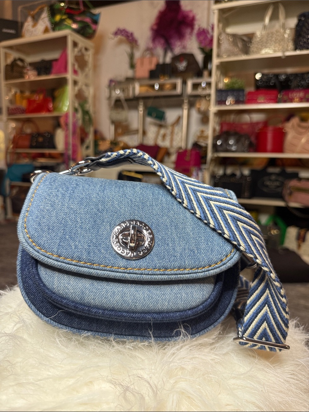 Marc Jacobs Light Blue Denim Crossbody with Blue White Chevron Strap New